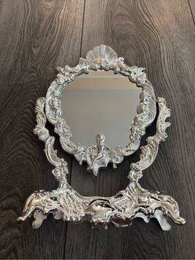 Ornate Silver Vanity Wall Mirror with Decorative Frame